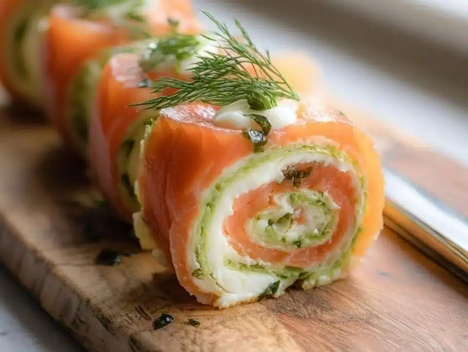Delicious smoked salmon pinwheels served on a platter