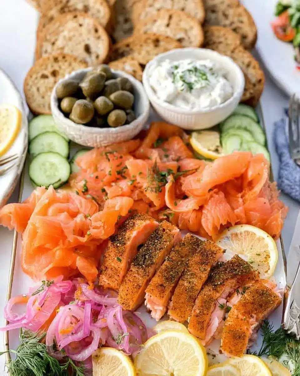 Gourmet smoked salmon platter with assorted garnishes and accompaniments