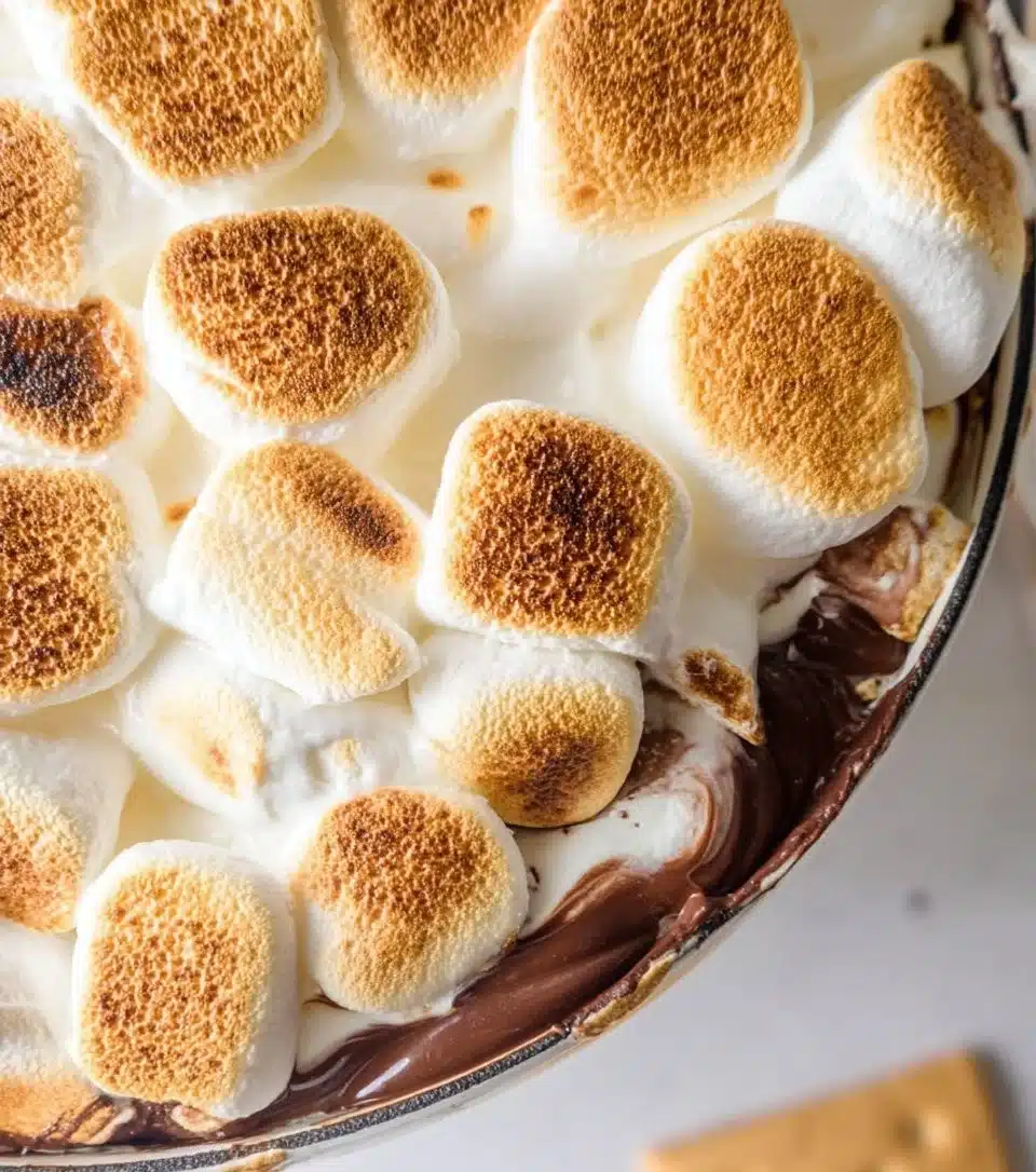 Delicious S'mores Dip topped with chocolate and marshmallows, served with graham crackers