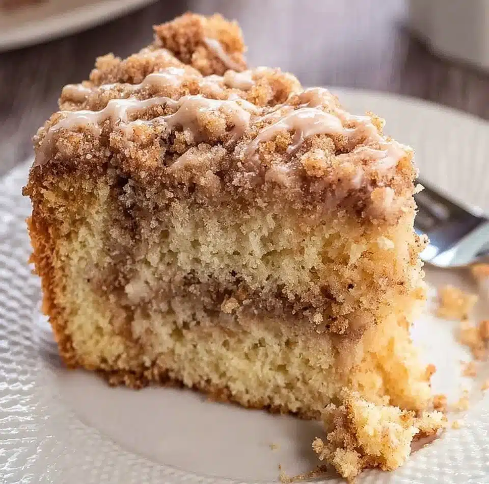 Sour Cream Coffee Cake topped with crumbly streusel in a baking dish