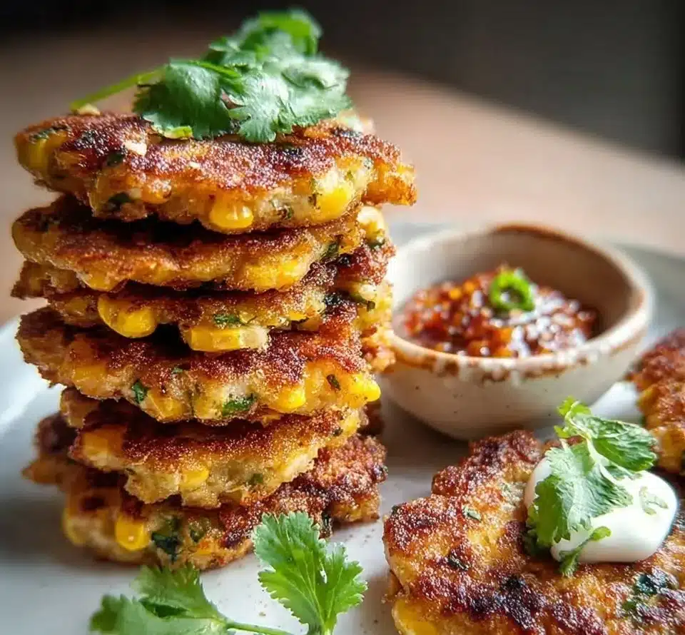 Crispy Spelt Sweetcorn Fritters served with a dipping sauce