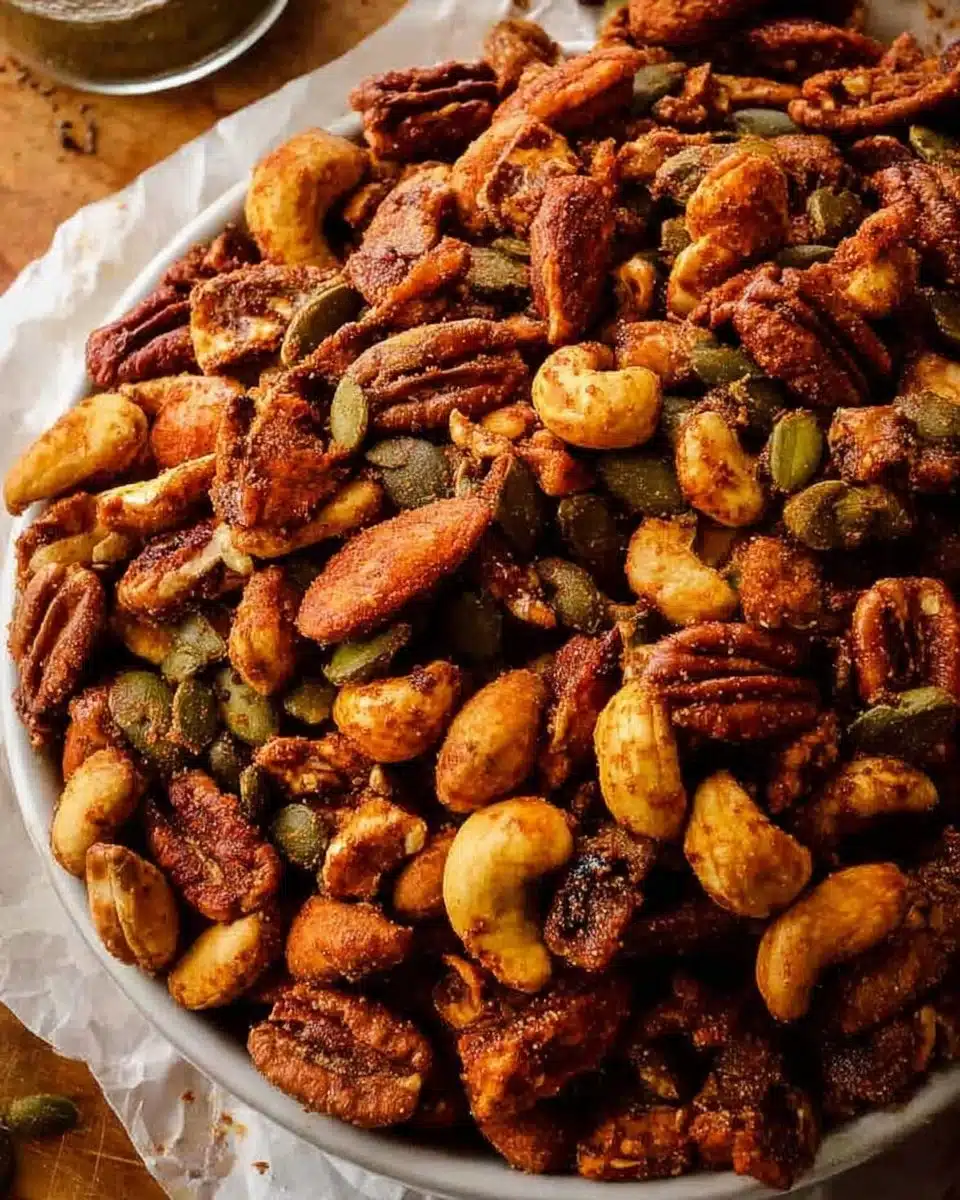 Bowl of delicious spiced nuts with herbs and spices