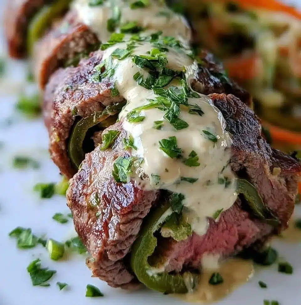 Spicy Hatch green chile steak roll ups on a plate, garnished with fresh herbs.