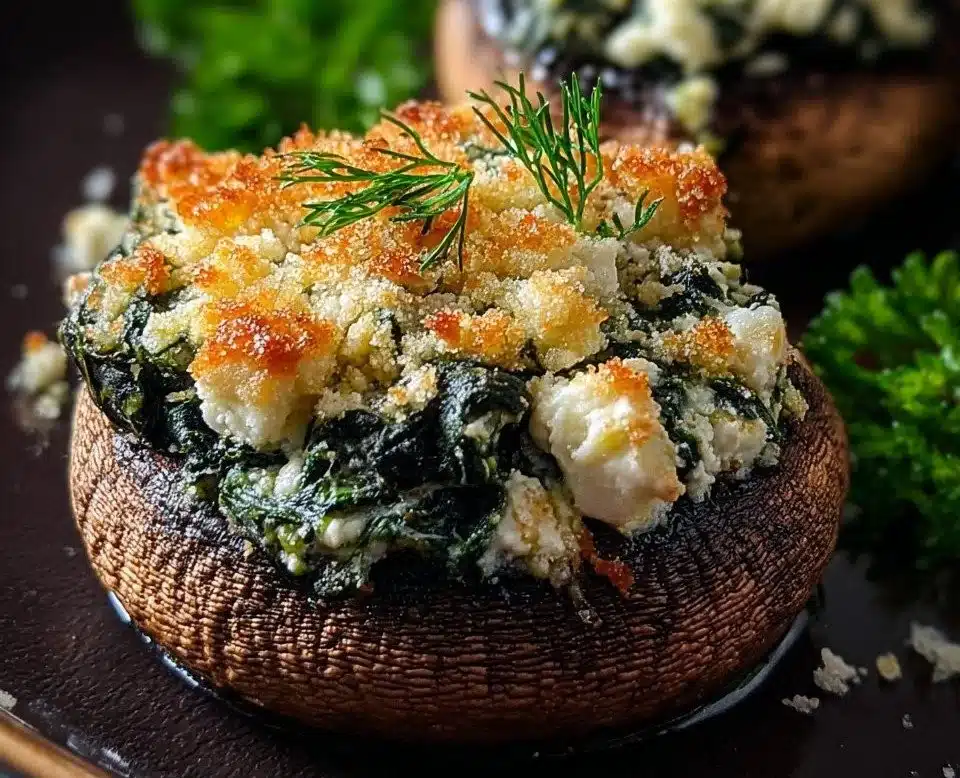 Spinach and feta stuffed mushrooms on a serving platter