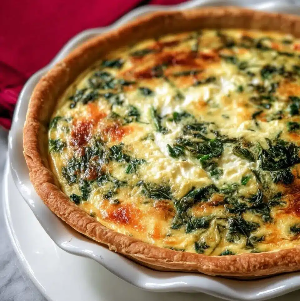 Delicious homemade Spinach Feta Quiche on a rustic wooden table