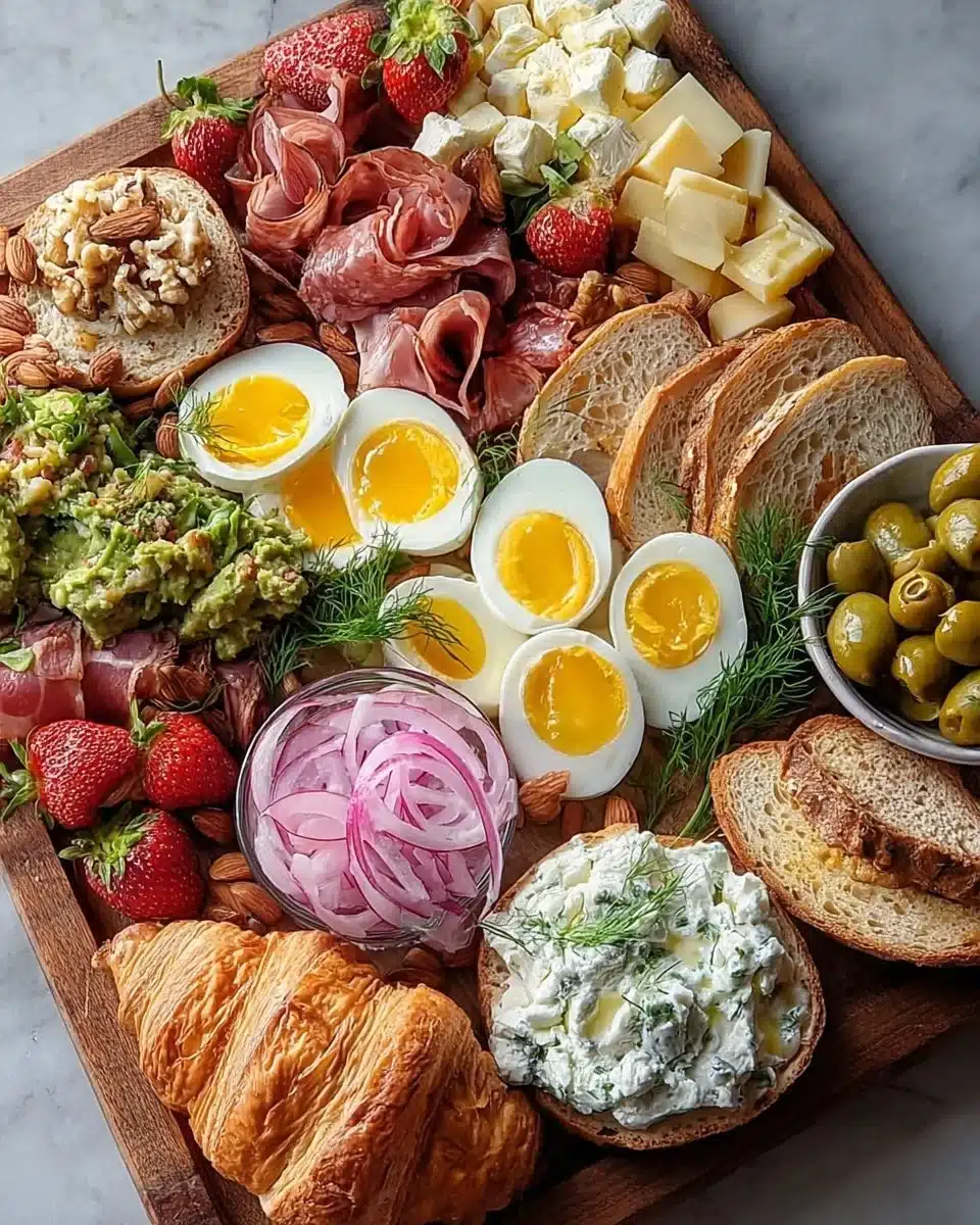 Colorful spring brunch charcuterie board with fruits, cheeses, and snacks