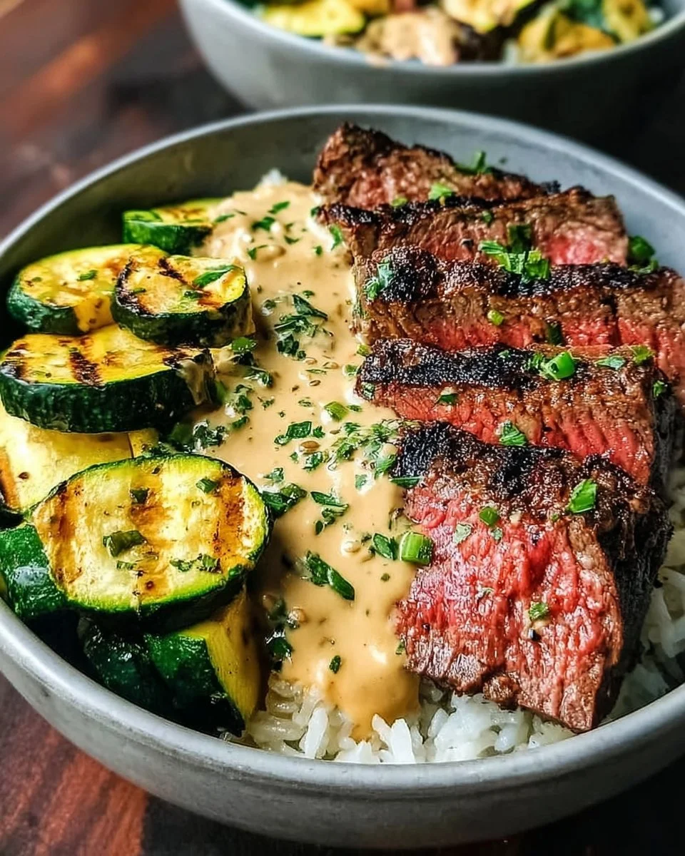 Grilled Steak Bowl with Sauce & Grilled Zucchini Bliss
