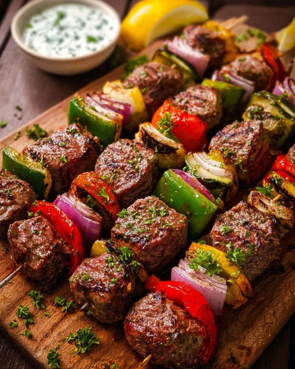 Grilled steak kabobs with colorful vegetables on skewers