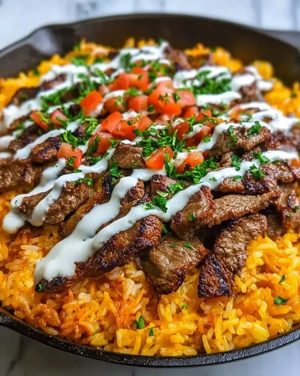 Delicious steak queso served over rice with melted cheese and toppings.