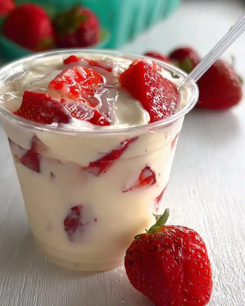 Fresh strawberries topped with creamy whipped cream in a beautiful dessert presentation.