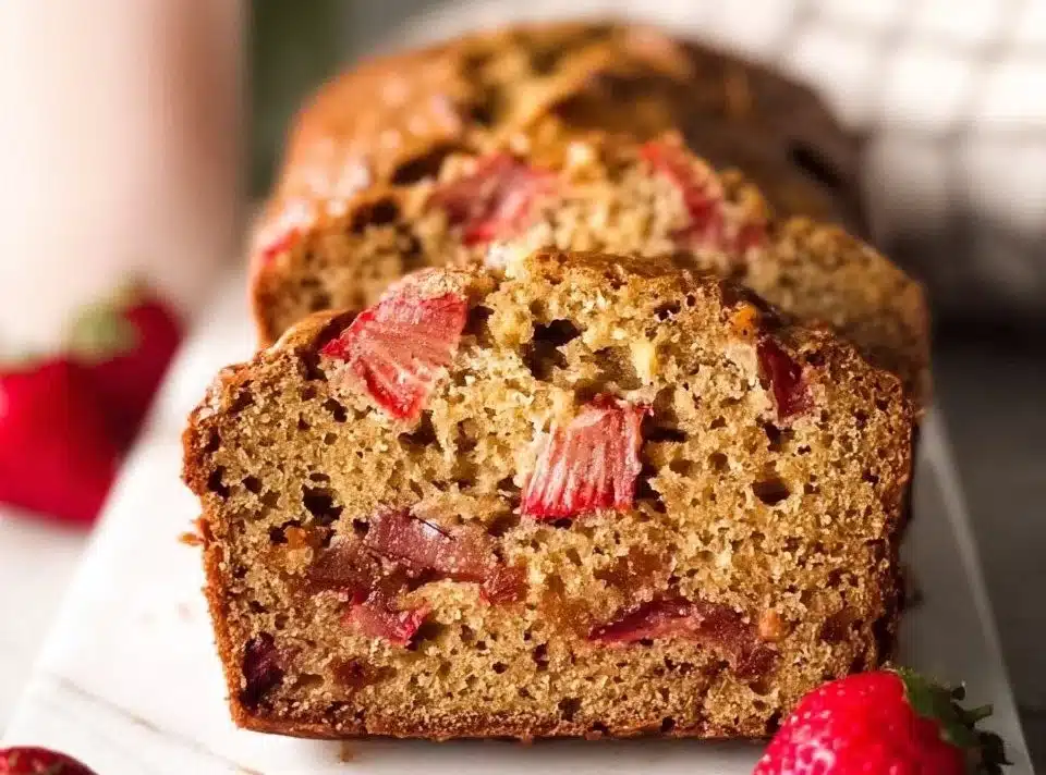Freshly baked Strawberry Banana Bread with slices on a wooden board