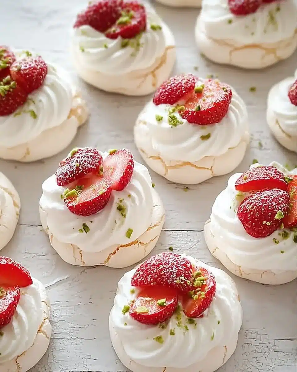 Strawberry Cardamom Pavlova Bites topped with fresh strawberries and cream