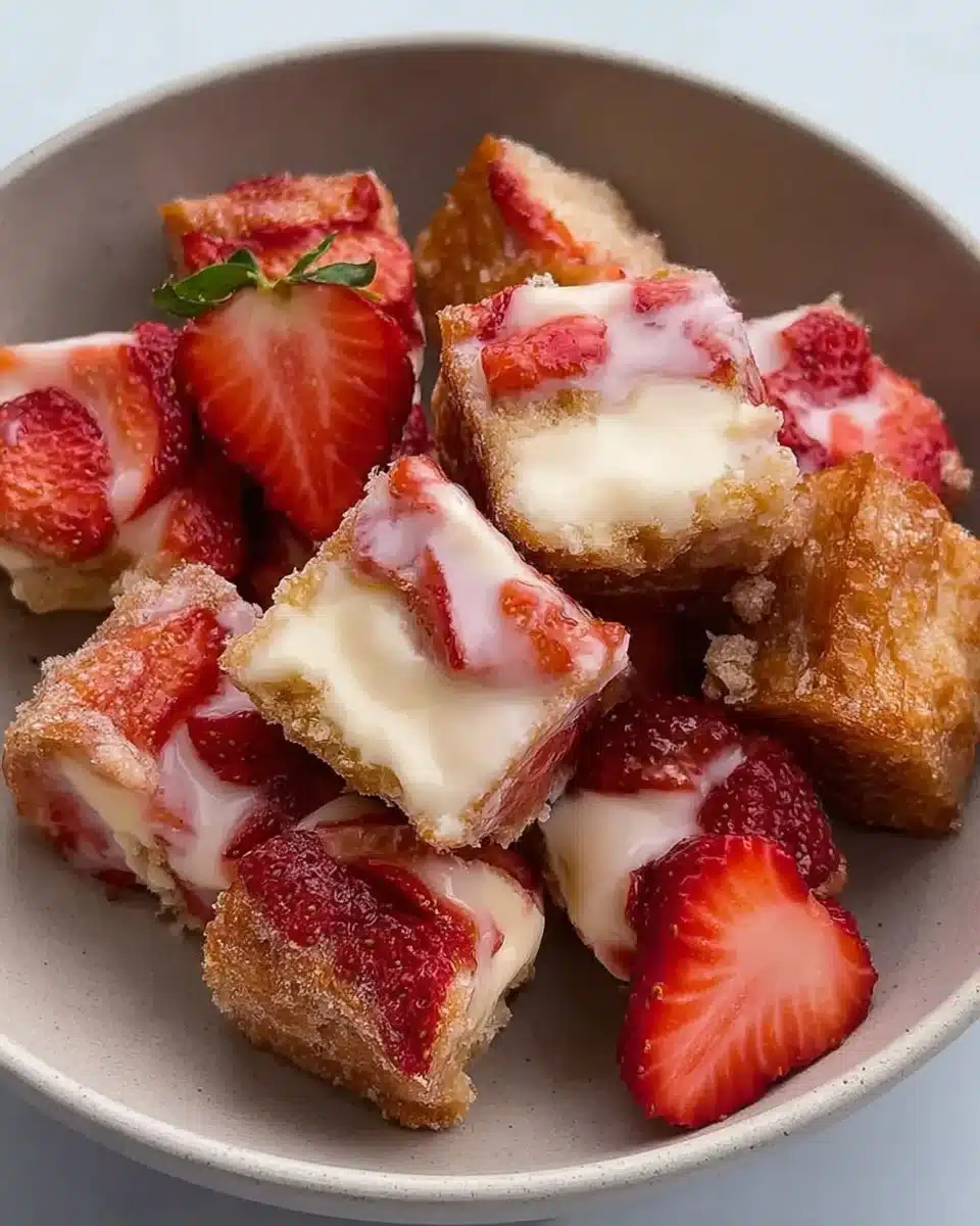 Delicious strawberry churro cheesecake bites plated and ready to enjoy.