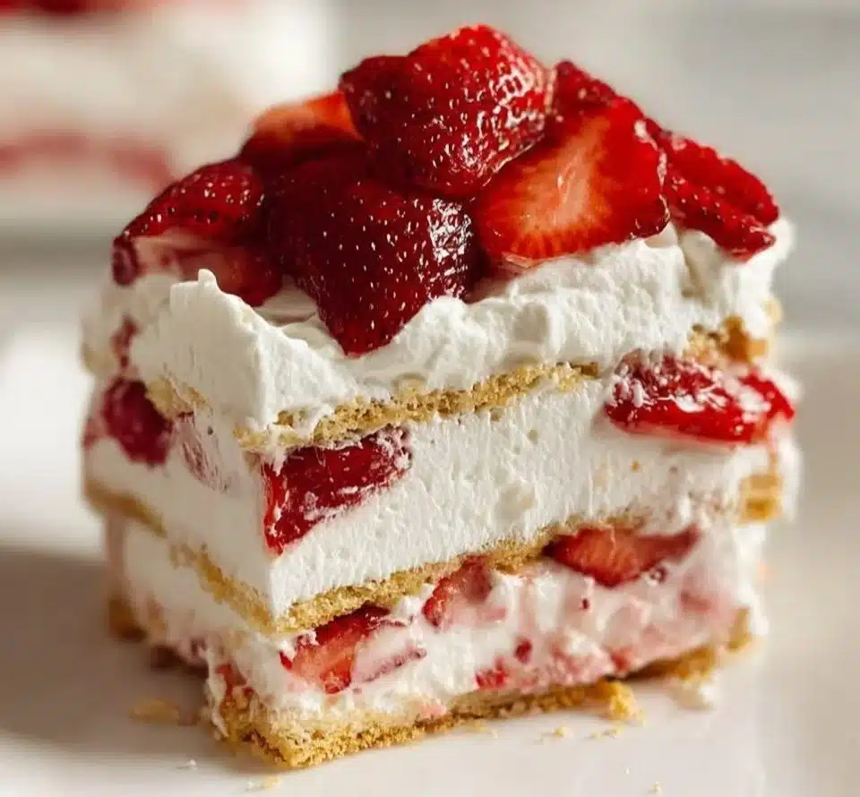 Strawberry Cream Cheese Icebox Cake topped with fresh strawberries and cream