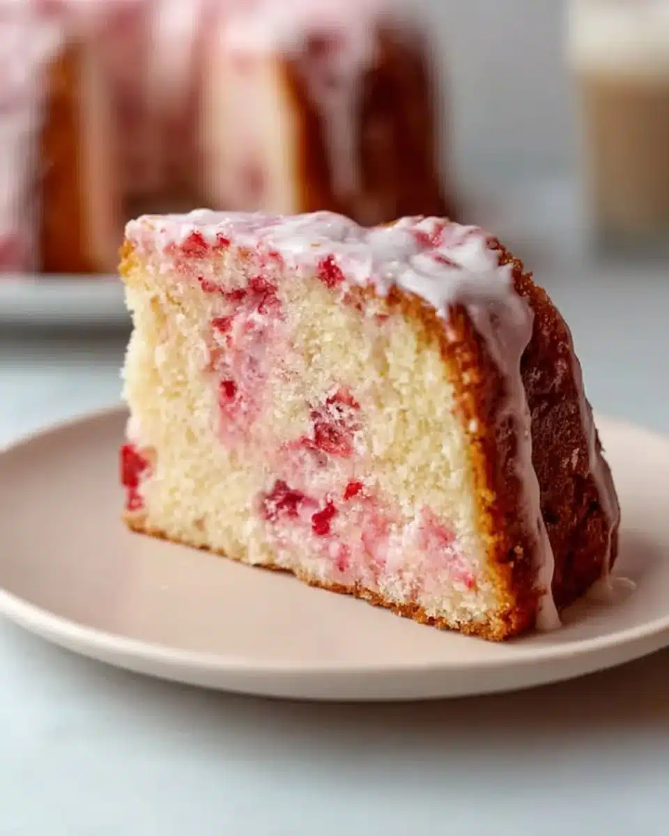 Slice of Strawberry Cream Cheese Pound Cake topped with fresh strawberries