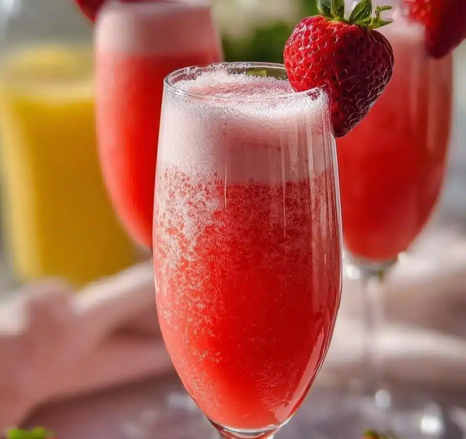 Refreshing Strawberry Cream Mimosa served in a champagne glass with strawberries