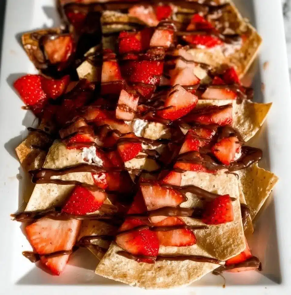 Delicious strawberry dessert nachos topped with fresh strawberries and cream