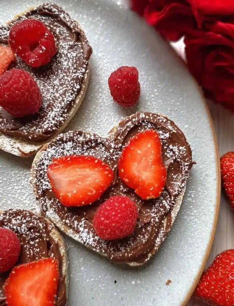 Heart-shaped Strawberry Nutella Toasts topped with fresh strawberries