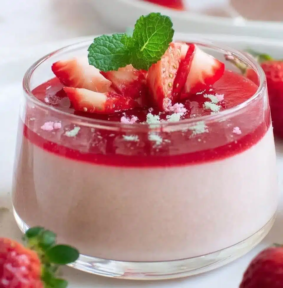 Delicious Strawberry Panna Cotta served in a glass with fresh strawberries on top