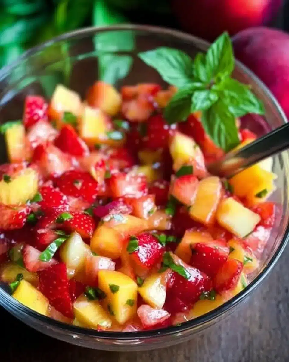 Strawberry Peach Fruit Salad Salsa with vibrant fruits in a bowl