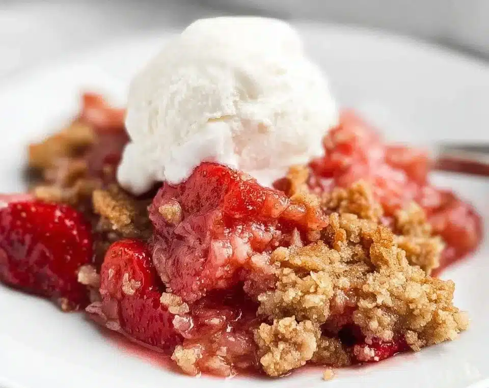 Delicious homemade strawberry rhubarb crisp with a golden topping