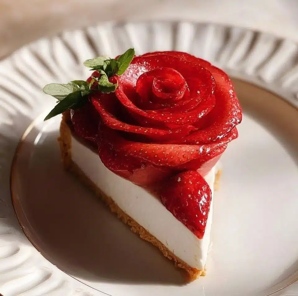 Delicious strawberry rose tart topped with fresh strawberries and edible roses