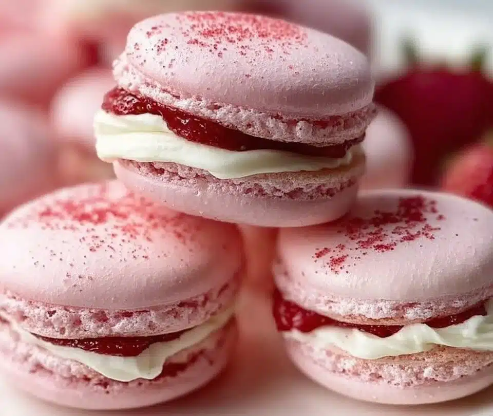 Delicious Strawberry Shortcake Macarons with fresh strawberries and cream