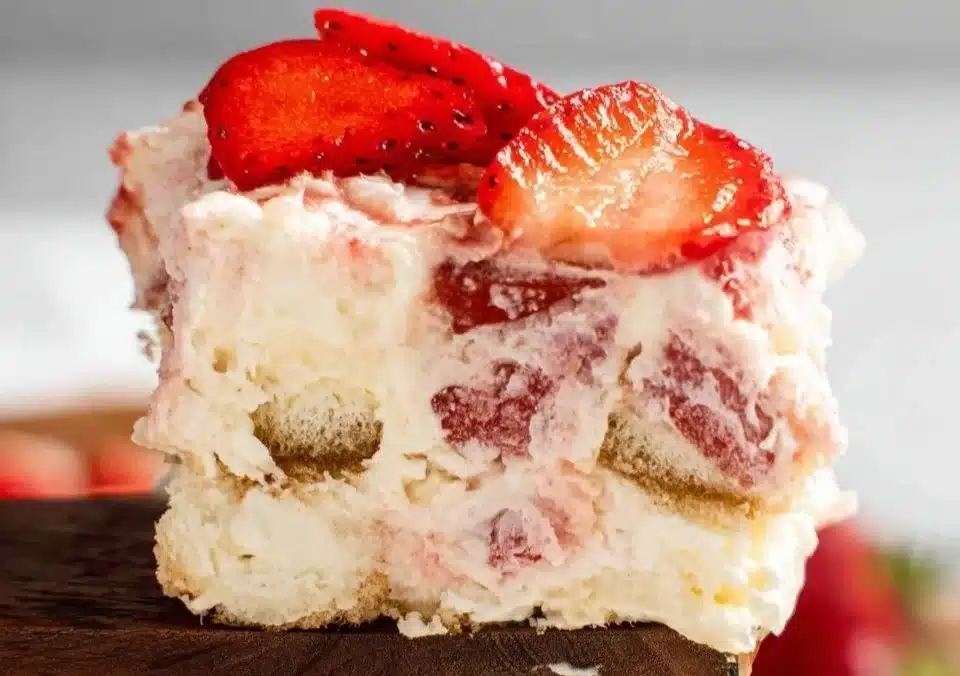 Delicious Strawberry Tiramisu dessert with fresh strawberries and coffee layers