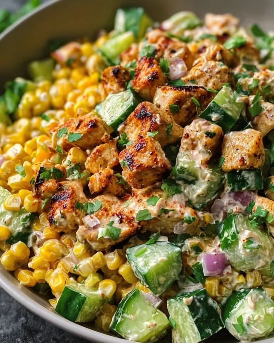 Creamy Cucumber Chicken Salad with street corn ingredients