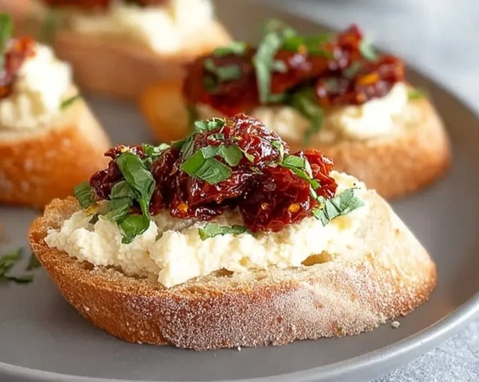 Sun-Dried Tomato Bruschetta garnished with fresh basil and served on toasted bread.