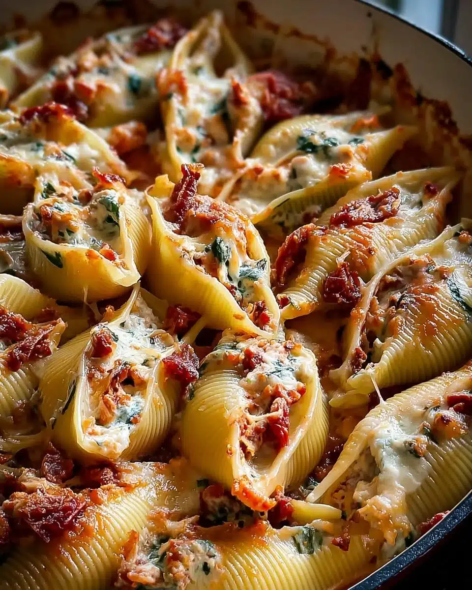 Sun-Dried Tomato Ricotta Stuffed Shells on a plate with fresh herbs.