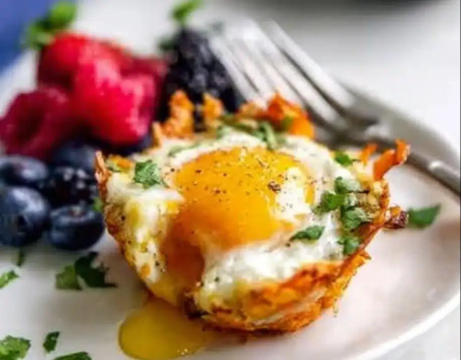 Delicious Sweet Potato Hash Baked Egg Cups served on a rustic plate