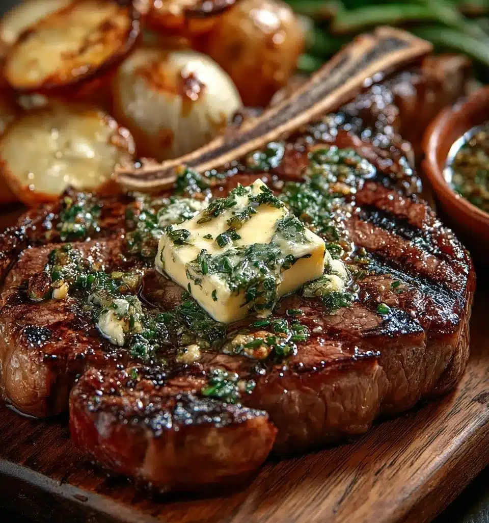 Perfectly grilled T Bone Steak served with herb butter for a flavorful meal.