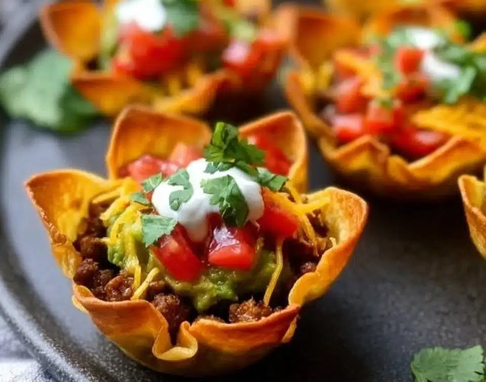 Delicious Taco Cups served on a platter, perfect for appetizers or snacks.
