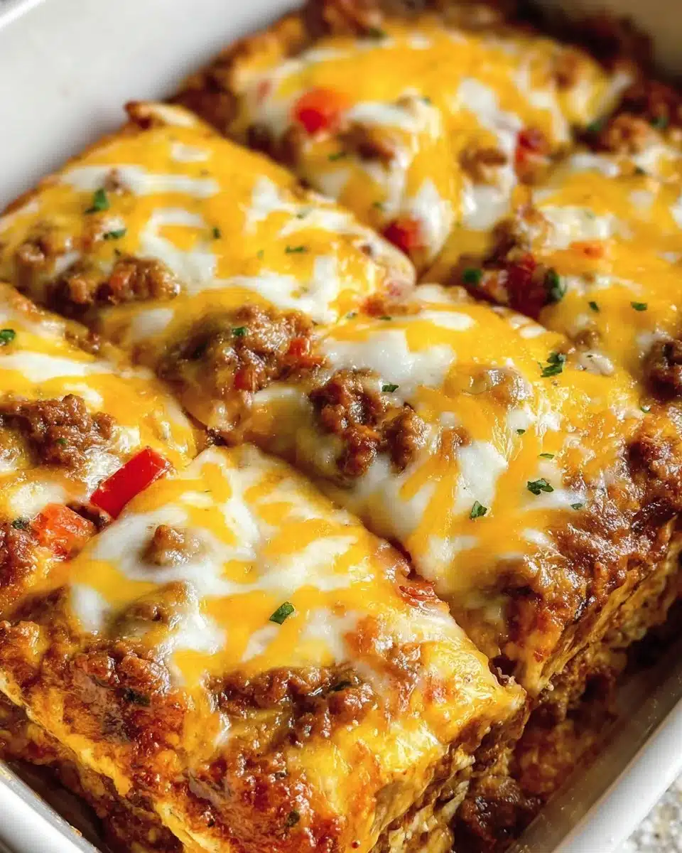 Delicious Taco Lasagna layered with seasoned beef, cheese, and tortillas.