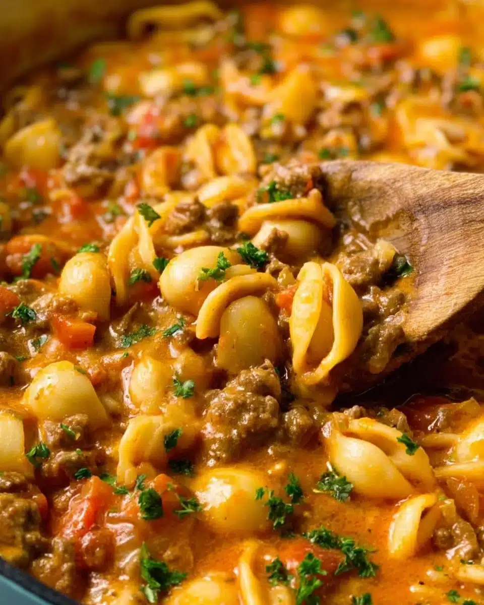 Delicious Taco Pasta dish with ground beef, cheese, and spices