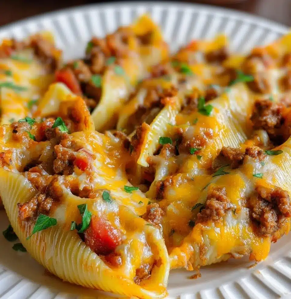 Delicious taco stuffed shells filled with beef, cheese, and spices, baked to perfection.