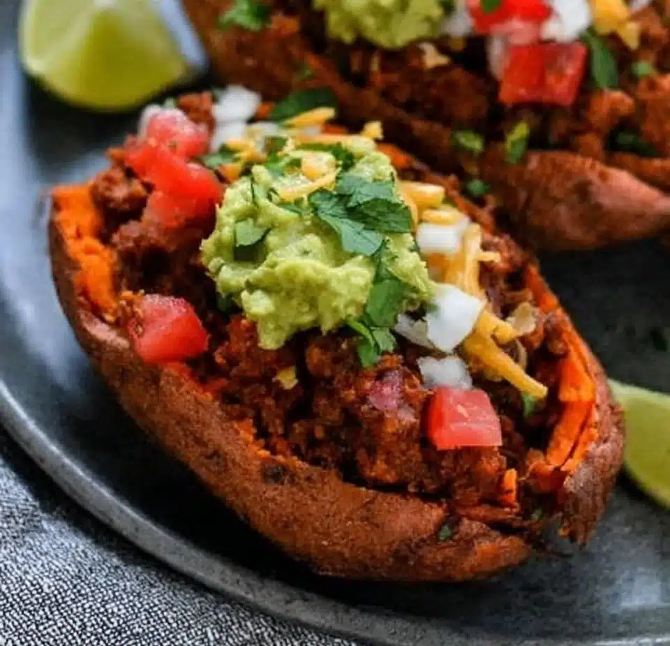 Taco stuffed sweet potatoes topped with fresh ingredients and herbs