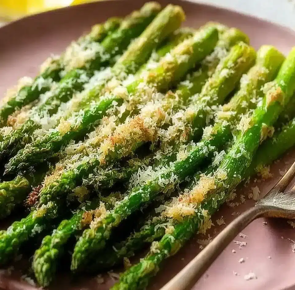 Bowl of tasty Parmesan Roasted Asparagus garnished with cheese and herbs
