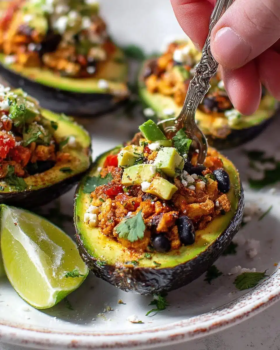 Tex-Mex stuffed avocados with colorful fillings and toppings