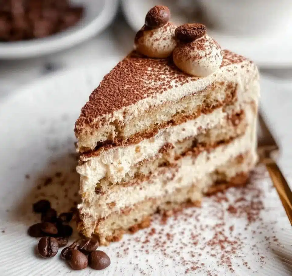 Delicious Tiramisu Cake topped with creamy Mascarpone Frosting