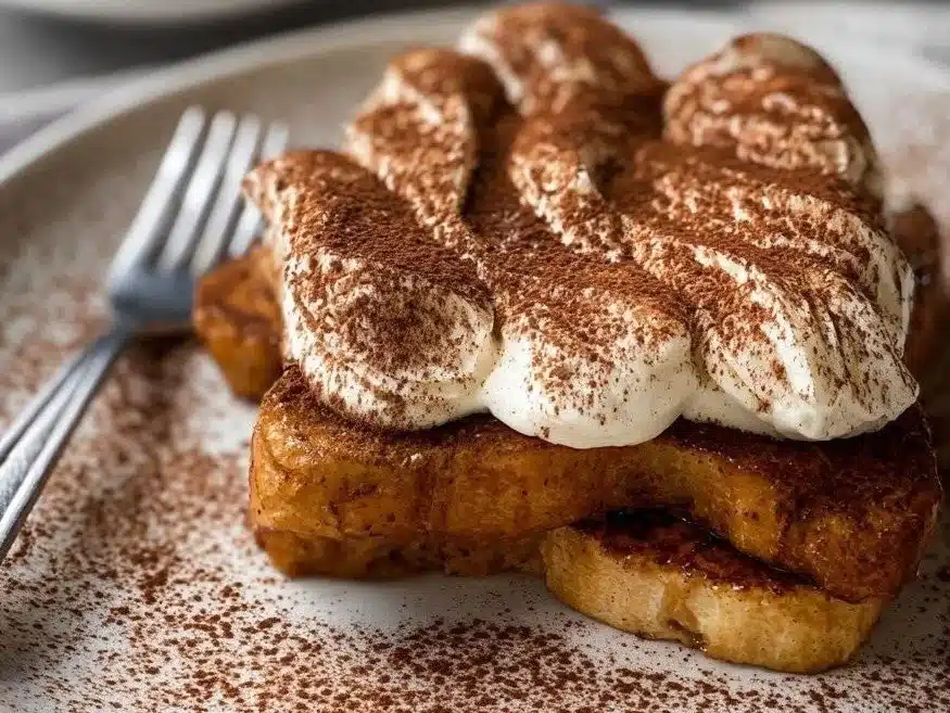 Delicious Tiramisu French Toast topped with cocoa and whipped cream on a plate.