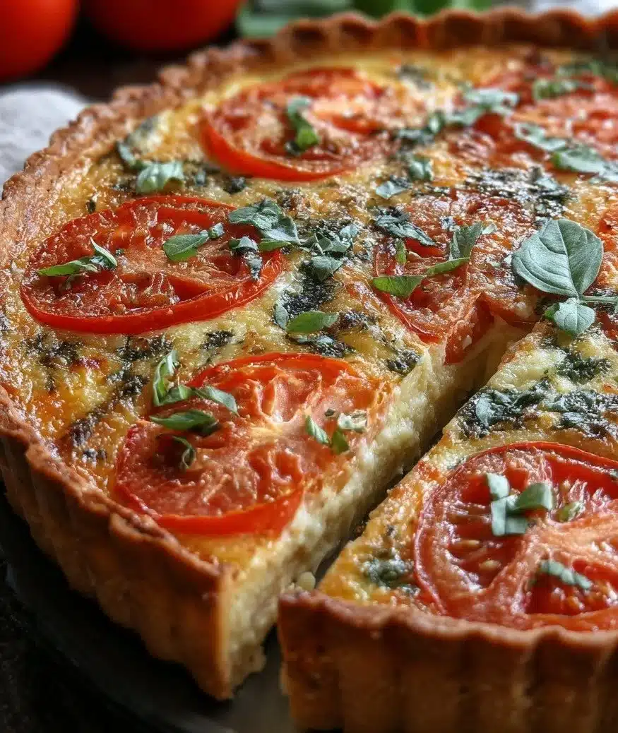 Delicious Tomato Basil Quiche served on a plate with fresh herbs.