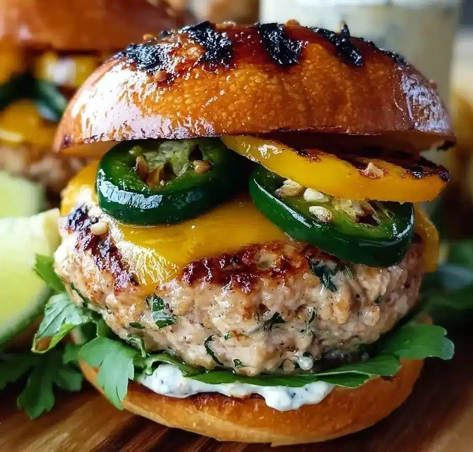 Delicious Turkey Jalapeño Cheeseburgers topped with cheese and jalapeños