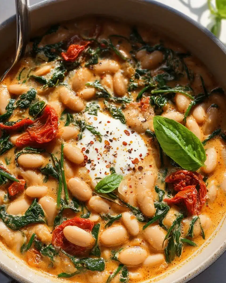 Delicious Tuscan White Bean Skillet topped with fresh herbs and vegetables