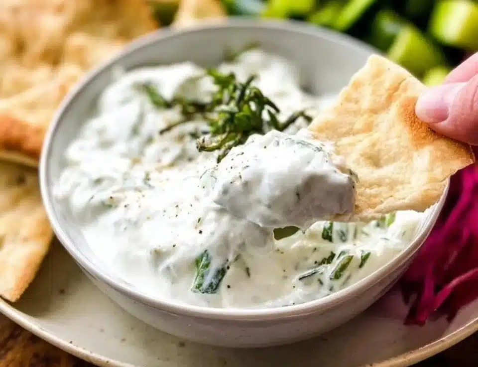 Delicious homemade Tzatziki Sauce in a bowl with fresh herbs and cucumbers.