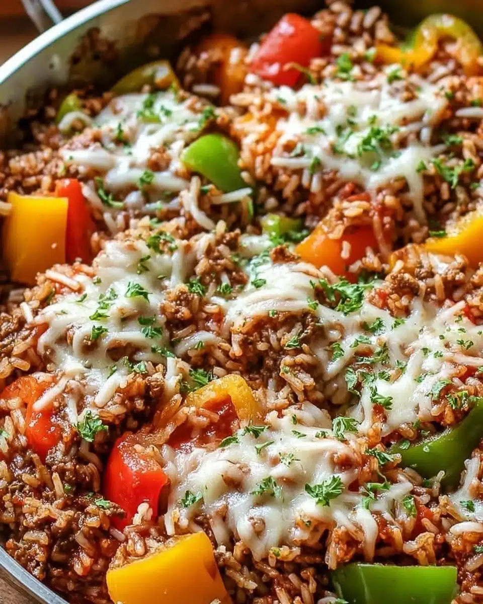 Skillet meal featuring unstuffed peppers with rice and vegetables