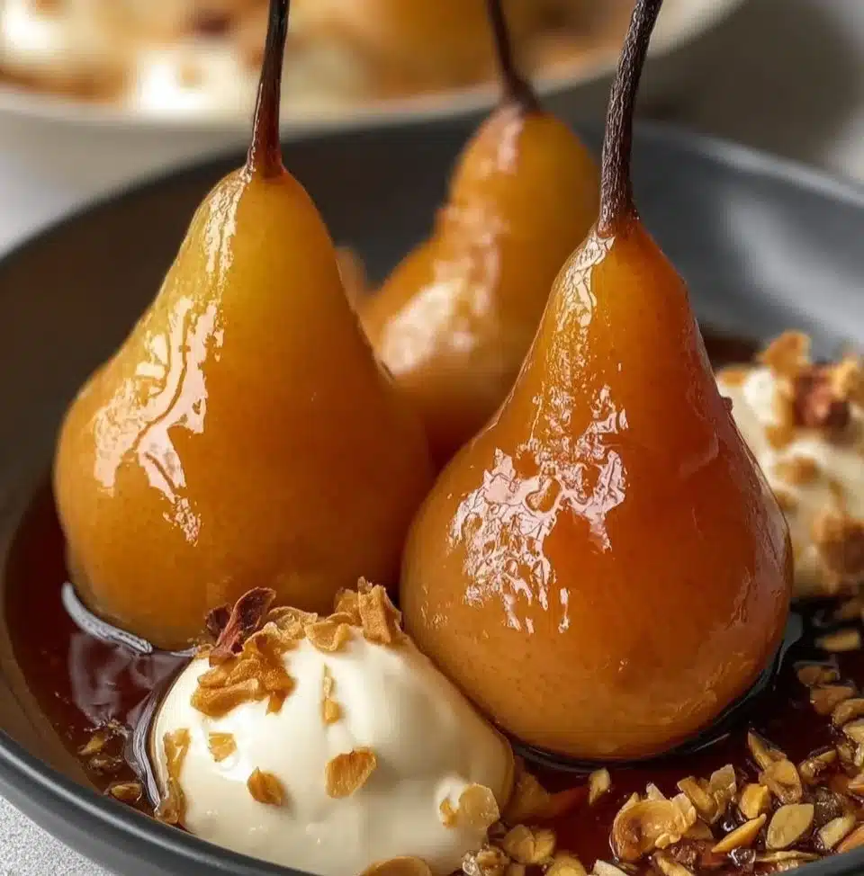 Delicious Vanilla Bourbon Poached Pears served in a bowl