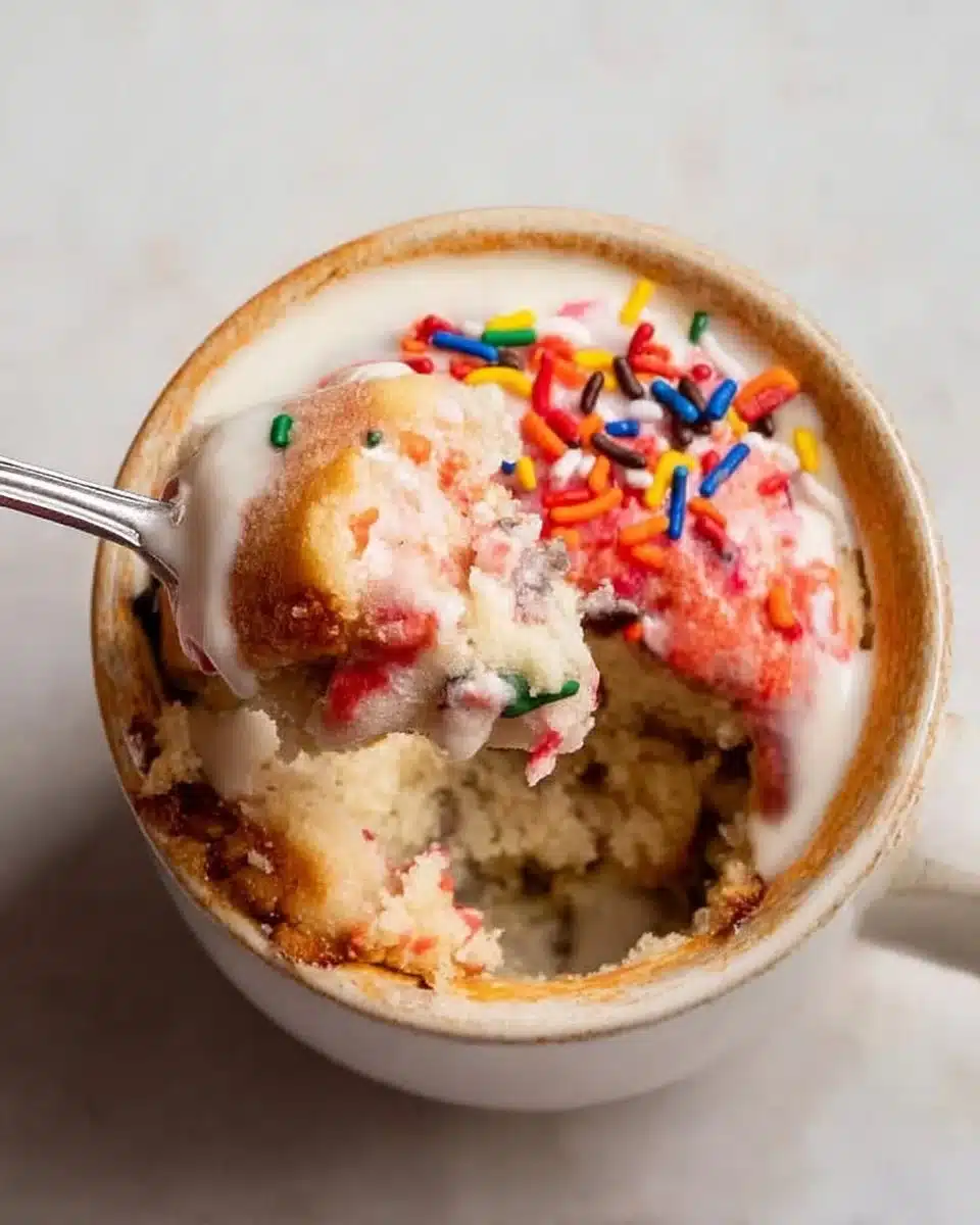 Deliciously fluffy vanilla mug cake in a mug, ready to be enjoyed.