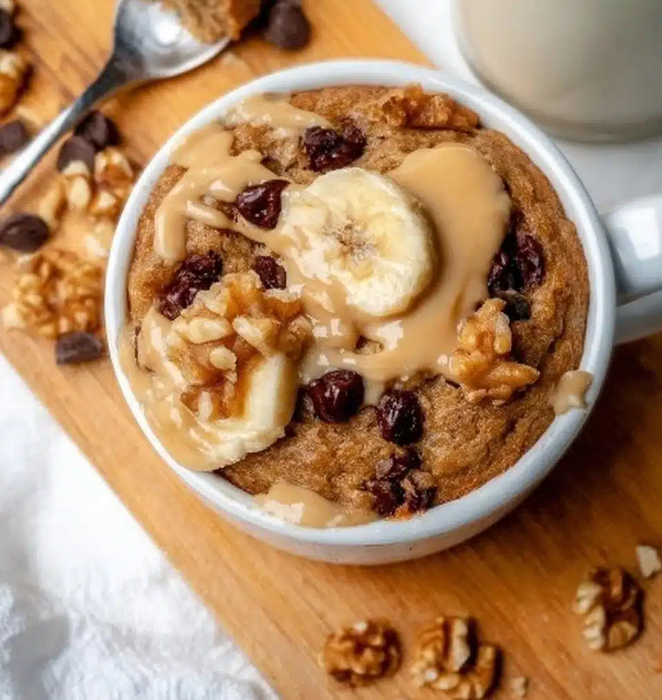 Delicious Vegan Banana Mug Cake topped with banana slices in a mug